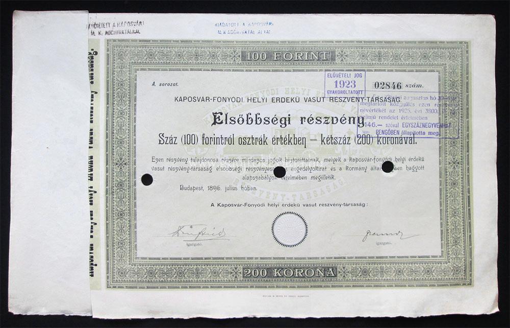 Kaposv�r-Fony�di H�V els�bbs�gi r�szv�ny 100 forint 1896